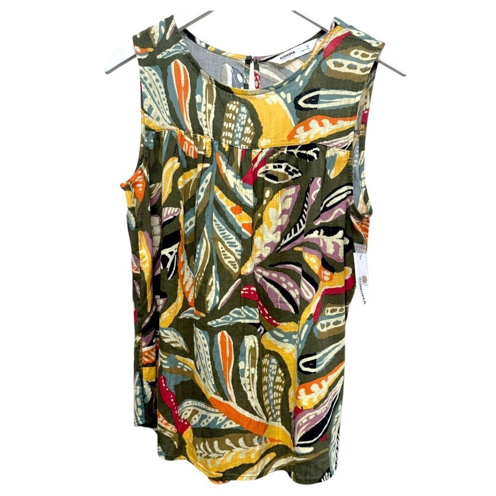 Sonoma Sleeveless Top Medium Tropical Green Cotton Rayon Womens Blouse NWT